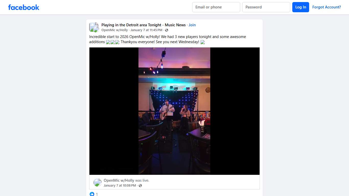 Playing in the Detroit area Tonight - Music News Incredible start to 2026 OpenMic w/Holly Facebook